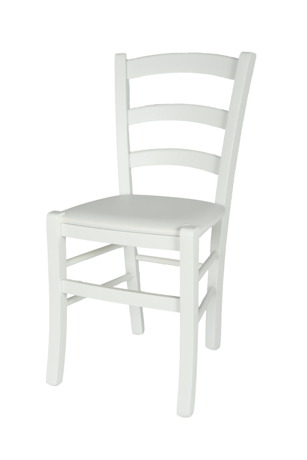 Silla Venezia con estructura en madera de haya barnizada color blanco y asiento tapizado en polipiel o tejido