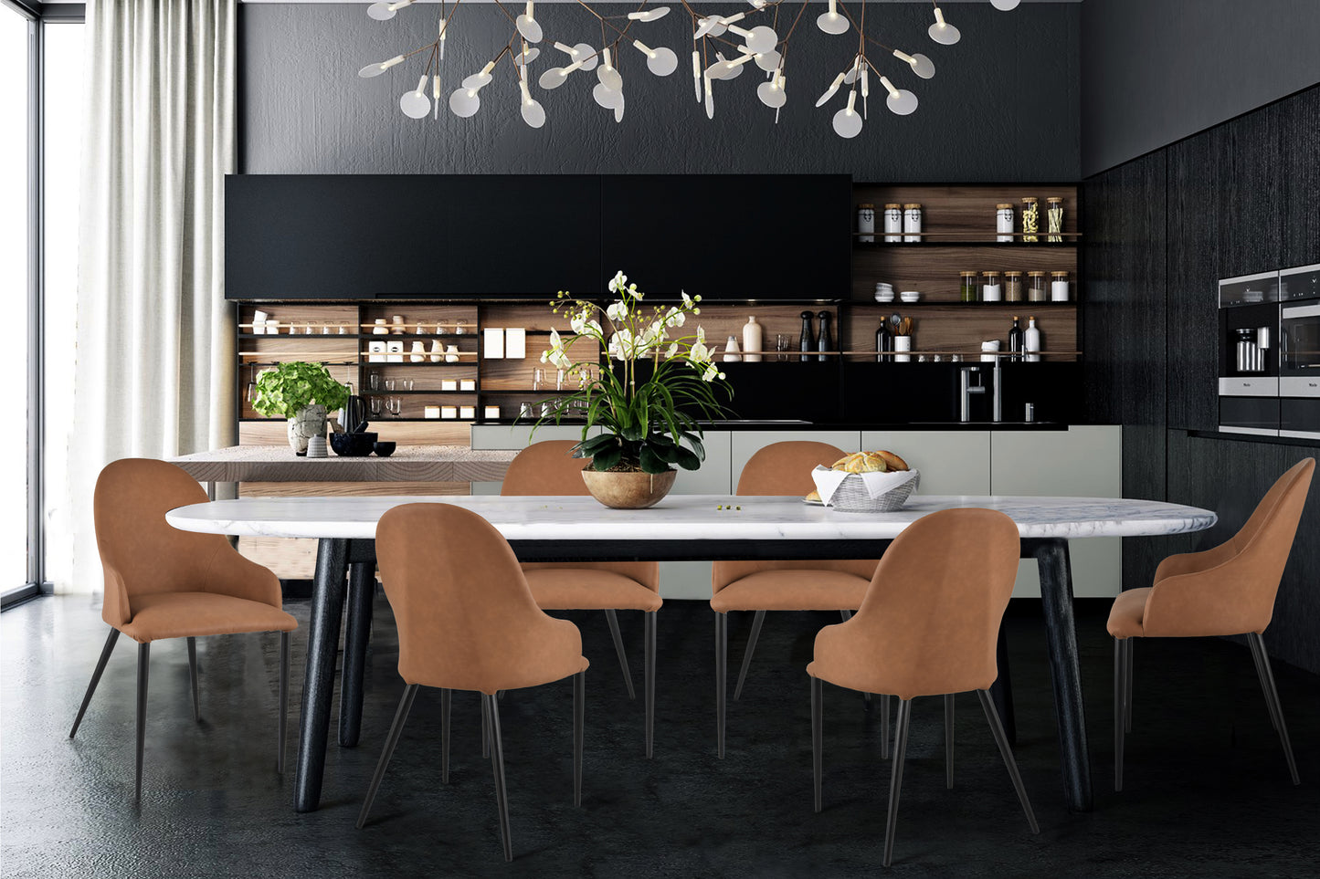 Set sedie imbottite per cucina e sala da pranzo rivestite in finta pelle e gambe in ferro nero opaco