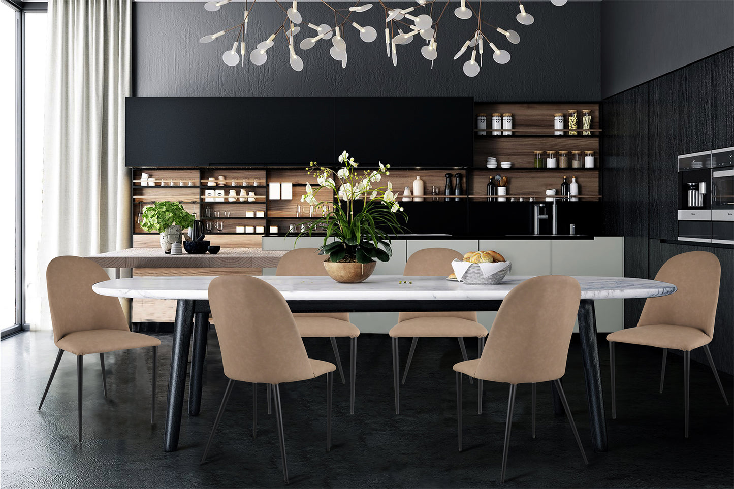 Set sedie imbottite per cucina e sala da pranzo rivestite in finta pelle e gambe in ferro nero opaco