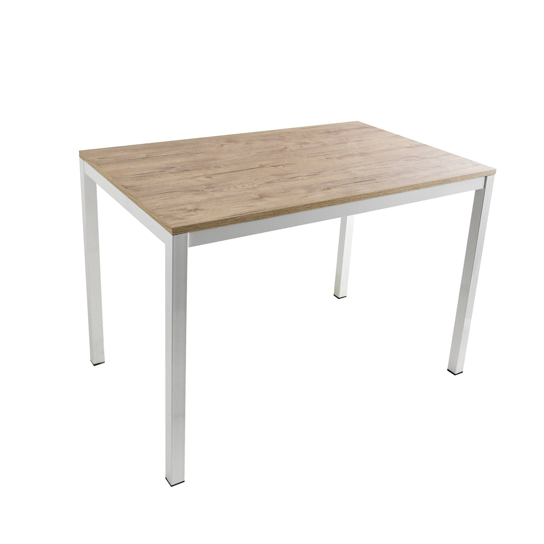 Table EVA avec structure en acier peint en blanc et plateau en mélamine couleur chêne rustique